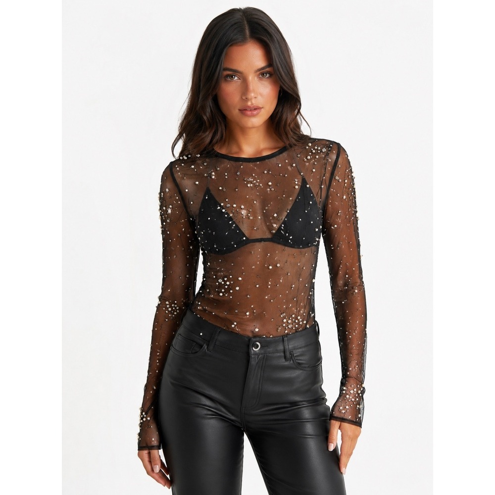 H&M Black Sheer Mesh Pearl Rhinestone Embellished Long Sleeve Top Size S